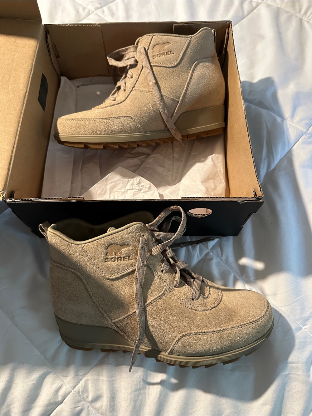 Sorel Lace-Up Wedge Ankle Boots in Taupe